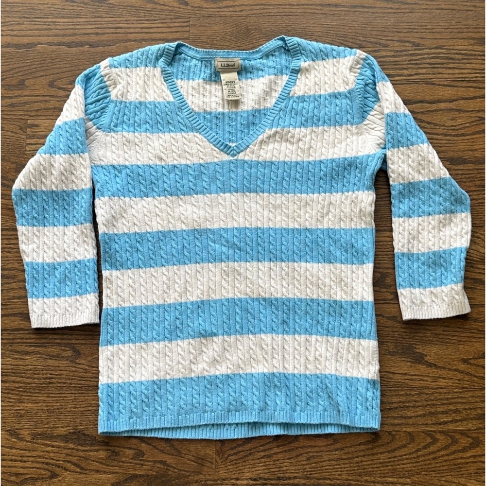 LL Bean Blue White Striped Cable Knit V-Neck Sweater Women's Medium